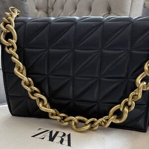 Zara Quilted Black Bag with Gold Chain Accent